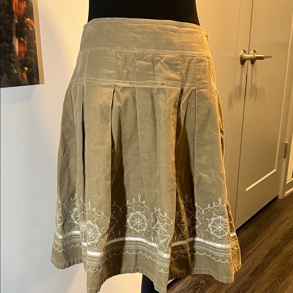 LOFT Tan Corduroy Skirt with White Embroidery